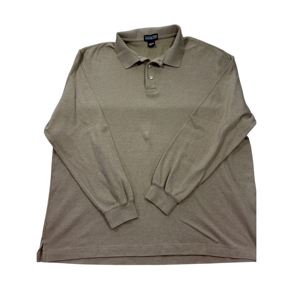 Lands’ End Mens XXL Long Sleeve Polo Shirt Tan Beige 100% Cotton Casual